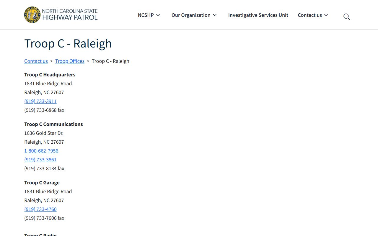 Wake County phone codes with NC State Highway Patrol Troop C Wake District contacts