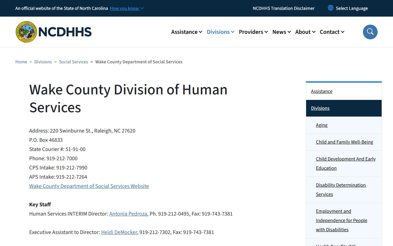 Wake County phone codes shown in NCDHHS Wake County Human Services contact listing