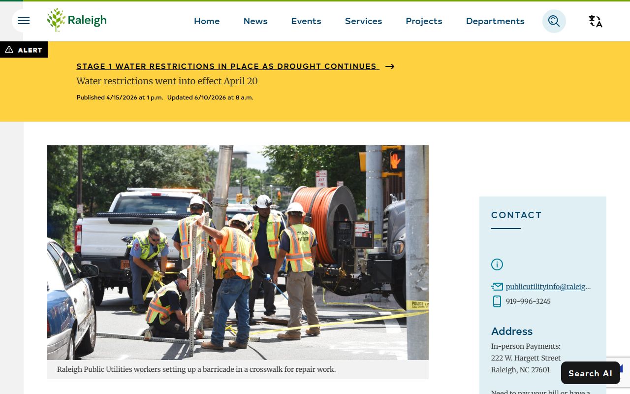Wake County phone codes connected to Raleigh Water emergency and service numbers