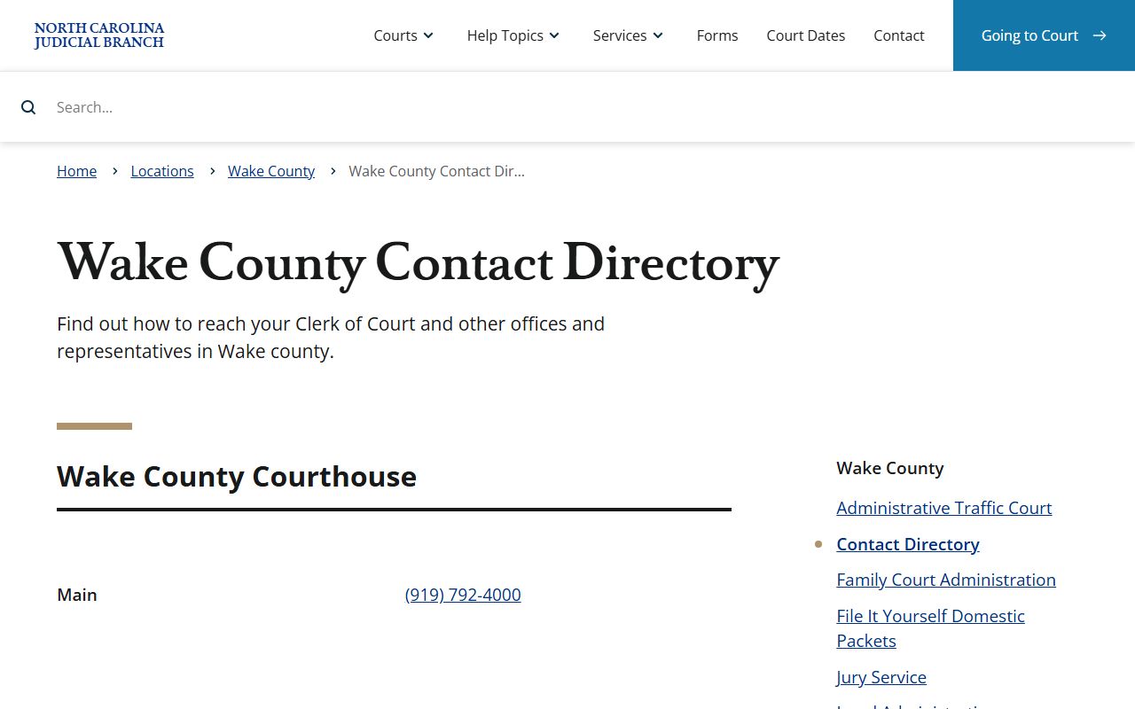 Wake County court contact directory with courthouse and court division phone numbers