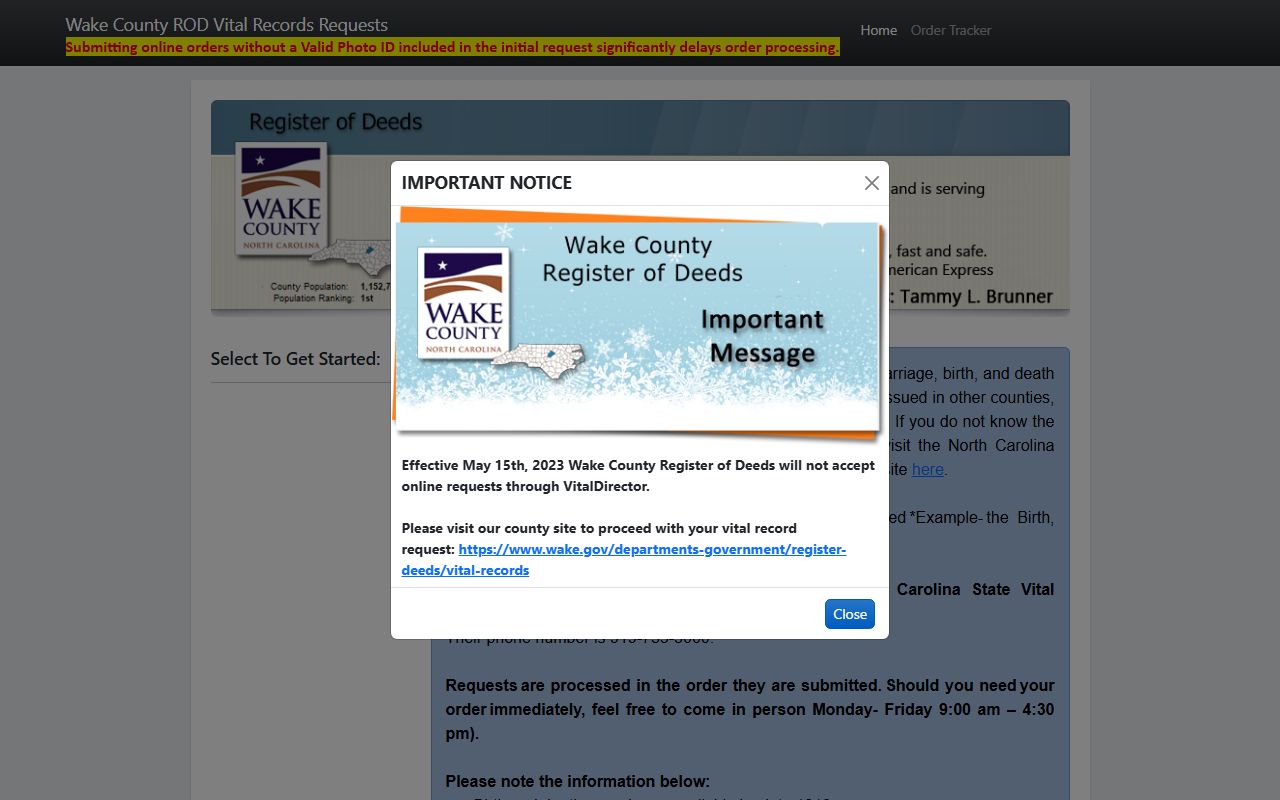 Wake County Register of Deeds online vital records request portal