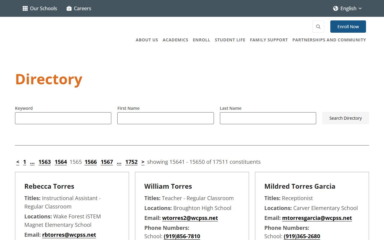 WCPSS public staff directory search fields