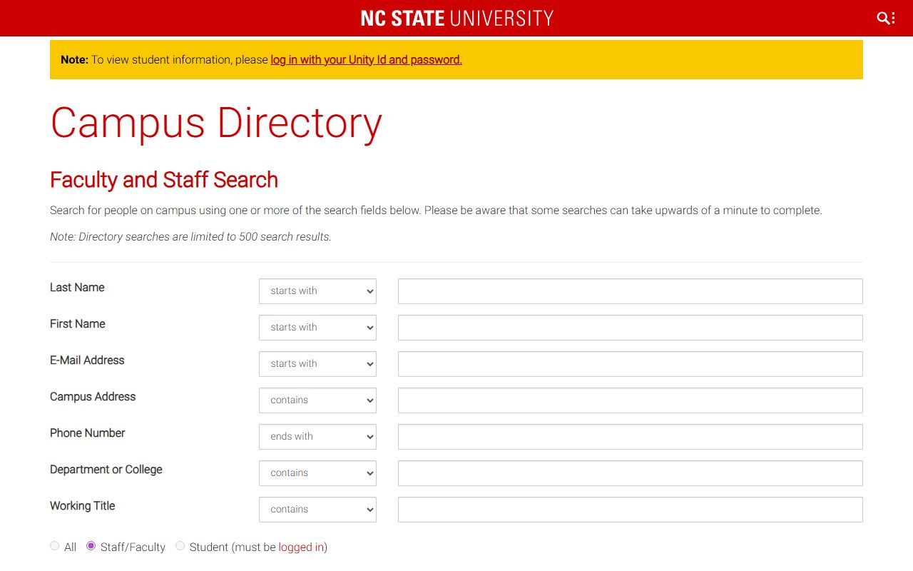 NC State faculty and staff directory search fields