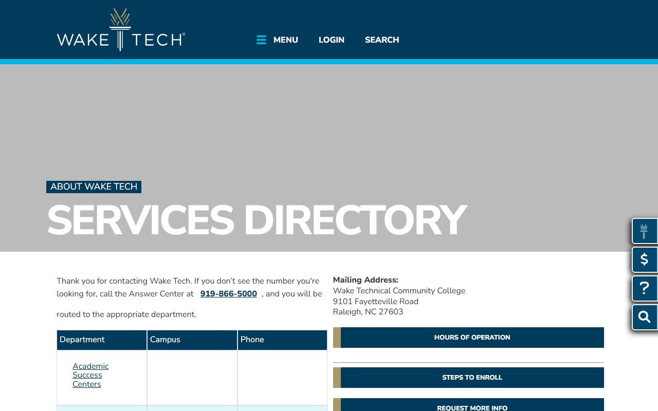 Wake Tech services directory with department and phone columns